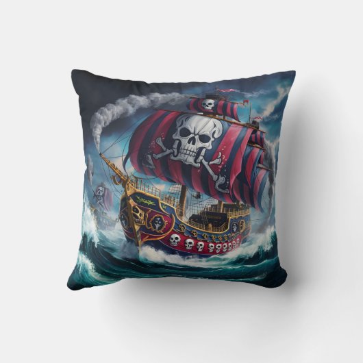 夕暮れ時に荒海を航行する海賊船 クッション (裏面)