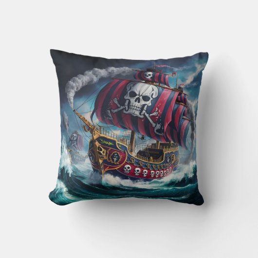 夕暮れ時に荒海を航行する海賊船 クッション (正面)
