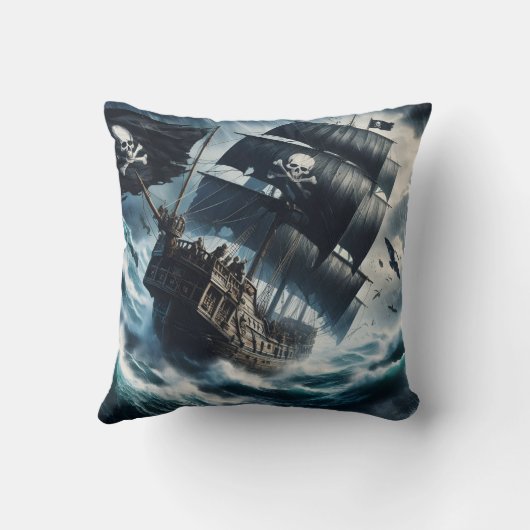 夕暮れ時に荒海を航行する海賊船 クッション (裏面)