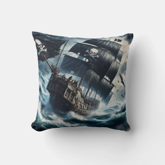 夕暮れ時に荒海を航行する海賊船 クッション (正面)