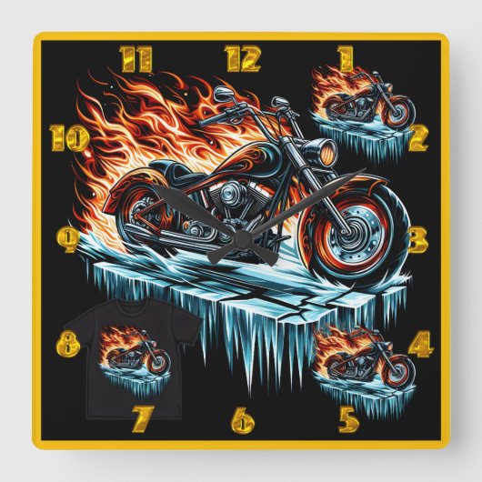 夕暮れ時に表面に凍ってい燃えるオートバイ スクエア壁時計 (正面)
