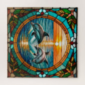 夕暮れ時に飛び跳ねるイルカのステンドグラス・アート ジグソーパズル (横)