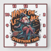 夕暮れ時に魔女が箒を照らして思案する スクエア壁時計 (正面)