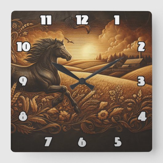 夕暮れ時に黄金の野を駆け抜ける馬 スクエア壁時計 (正面)