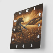 夕暮れ時に黄金の野を駆け抜ける馬 スクエア壁時計 (傾斜)
