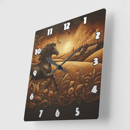 夕暮れ時に黄金の野を駆け抜ける馬 スクエア壁時計 (傾斜)