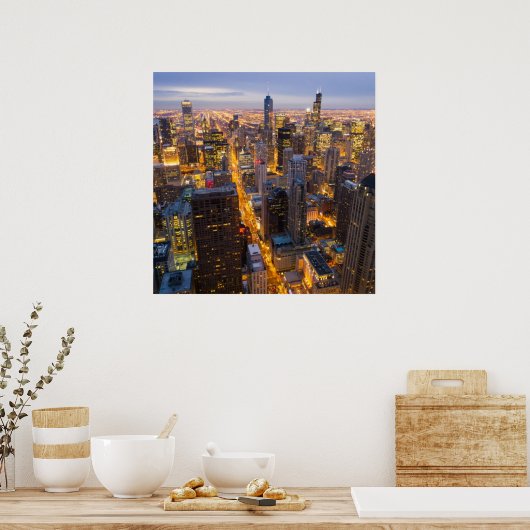 夕暮れ時のダウンタウン・シカゴのスカイライン ポスター (キッチン)