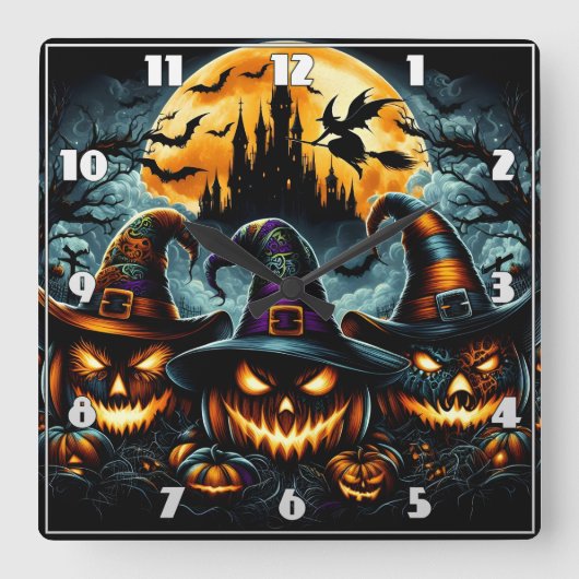 夕暮れ時のハロウィーンのカボチャと魔女 スクエア壁時計 (正面)