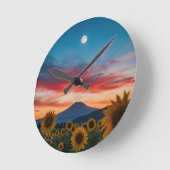 夕暮れ時のヒマワリ:山の上の月の出 ラウンド壁時計 (傾斜)