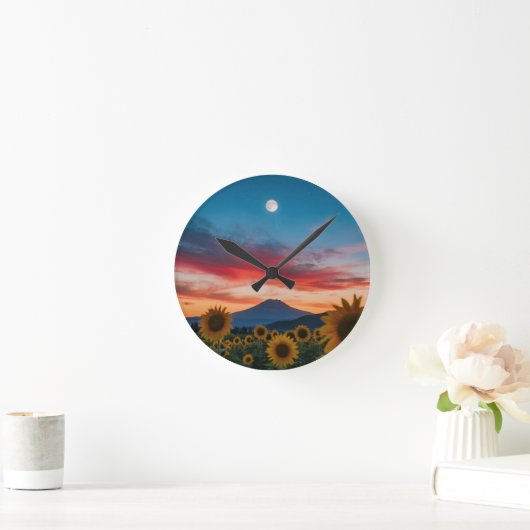 夕暮れ時のヒマワリ：山の上の月の出 ラウンド壁時計 (ホーム)