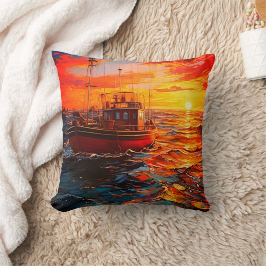 夕暮れ時のボート クッション (ブランケット)