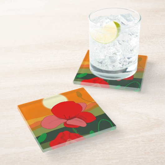 夕暮れ時のポピー草地 ガラスコースター (アングル)