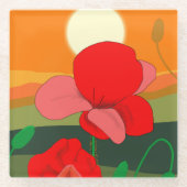 夕暮れ時のポピー草地 ガラスコースター (正面)