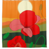 夕暮れ時のポピー草地 シャワーカーテン (正面)