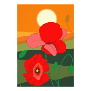 夕暮れ時のポピー草地 フォトプリント