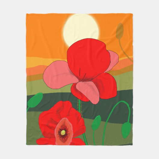 夕暮れ時のポピー草地 フリースブランケット (正面)