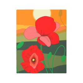 夕暮れ時のポピー草地 メタルプリント