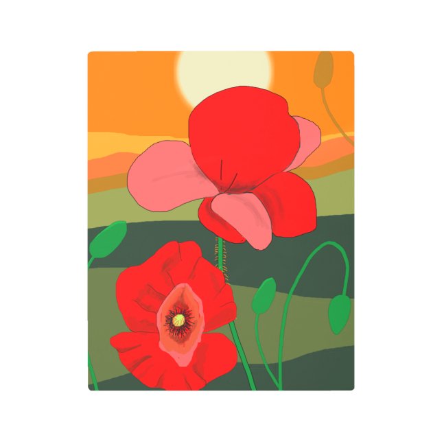 夕暮れ時のポピー草地 メタルプリント (正面)