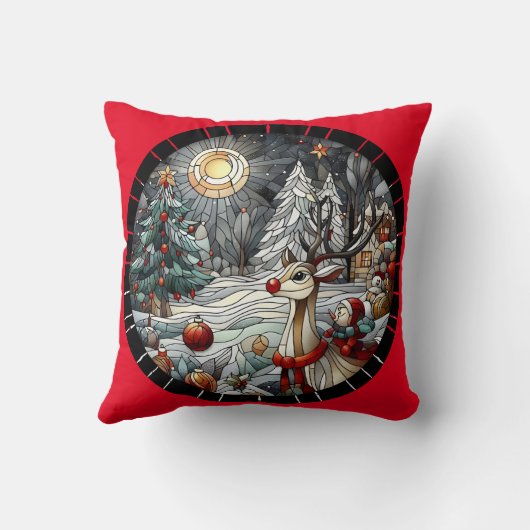 夕暮れ時の冬のワンダーランドのフェスティバルトナカイ クッション (裏面)