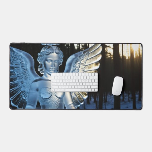 夕暮れ時の冬の森のエンジェル氷彫刻 デスクマット (キーボード&マウス)