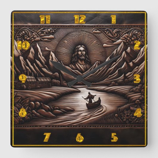 夕暮れ時の川の旅でイエスと弟子たち スクエア壁時計 (正面)