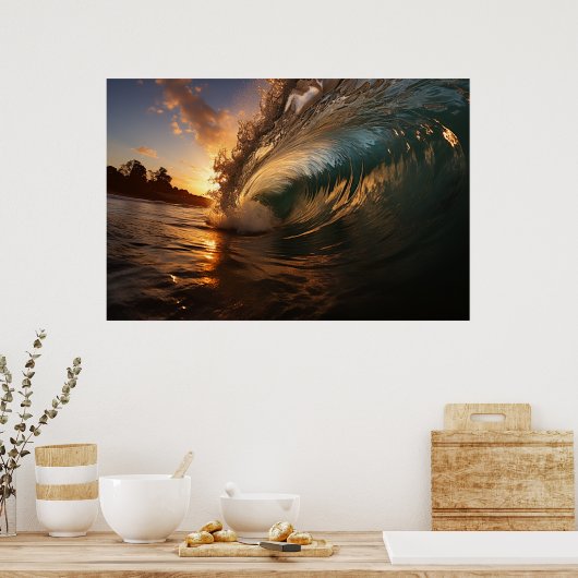 夕暮れ時の巨大な波のクローズアップ写真 ポスター (キッチン)