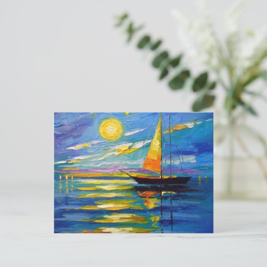 夕暮れ時の帆船 ポストカード (スタンド正面)
