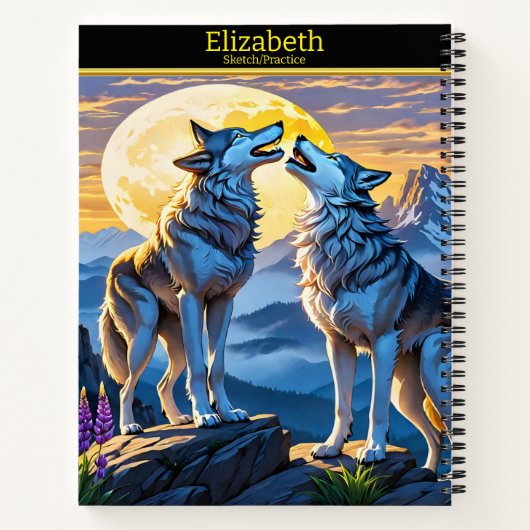 夕暮れ時の月明かりの下白熱［赤熱］光を放つで狼の歌 ノートブック (裏面)