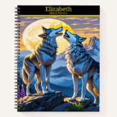 夕暮れ時の月明かりの下白熱［赤熱］光を放つで狼の歌 ノートブック (正面)