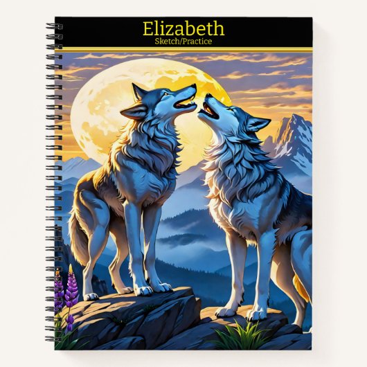 夕暮れ時の月明かりの下白熱［赤熱］光を放つで狼の歌 ノートブック (正面)