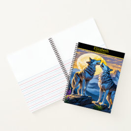 夕暮れ時の月明かりの下白熱［赤熱］光を放つで狼の歌 ノートブック