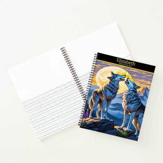 夕暮れ時の月明かりの下白熱［赤熱］光を放つで狼の歌 ノートブック (内部)