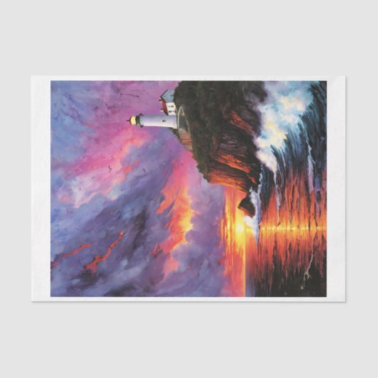 夕暮れ時の灯台のある嵐の海の水色 薄葉紙 (正面)