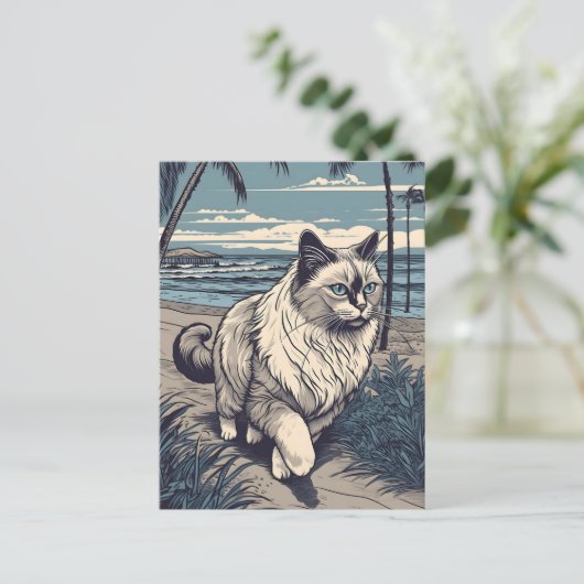 夕暮れ時の熱帯ビーチのラグドールネコ ポストカード (スタンド正面)