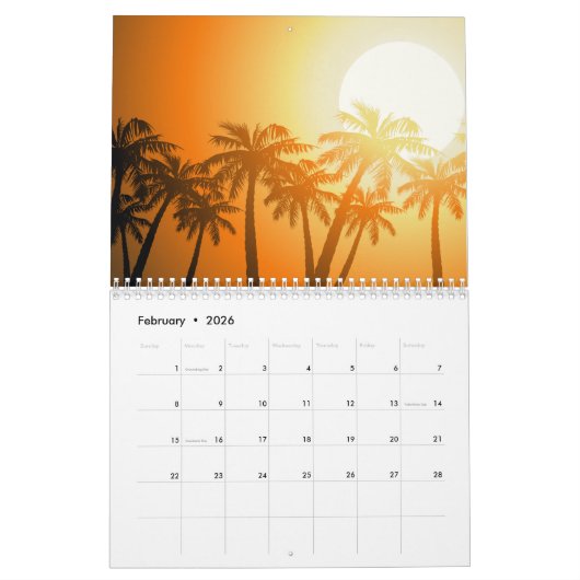 夕暮れ時の熱帯性ヤシの木 カレンダー (2月 2026)