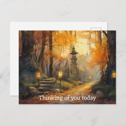 夕暮れ時の秋林を通る水彩巻き道 ポストカード (正面/裏面)