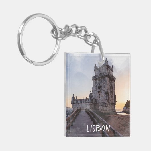 夕暮れ時絵画の水彩のベレムタワー キーホルダー (正面左)