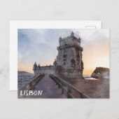 夕暮れ時絵画の水彩のベレムタワー ポストカード (正面/裏面)