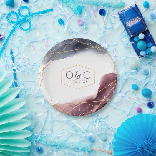 夕暮れ水の色の幾何モダン結婚の ペーパープレート (パーティー)