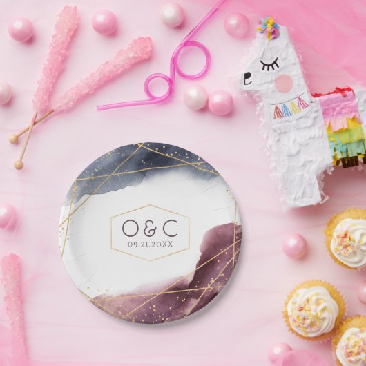 夕暮れ水の色の幾何モダン結婚の ペーパープレート (パーティー)