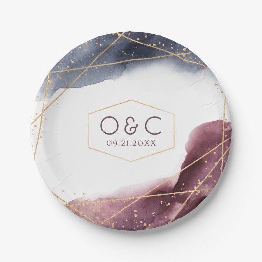 夕暮れ水の色の幾何モダン結婚の ペーパープレート (正面)