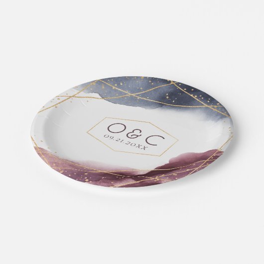 夕暮れ水の色の幾何モダン結婚の ペーパープレート (アングル)