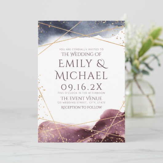 夕暮れ水の色の幾何モダン結婚の 招待状 (スタンド正面)