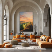 夕暮れ野原のシュールな夢の風景りんご ポスター