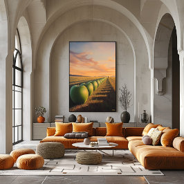 夕暮れ野原のシュールな夢の風景りんご ポスター