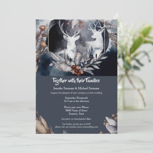 夕暮れ青い水色のスタグフォレストの田舎の結婚式 招待状 (スタンド正面)