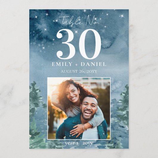 夕暮れ青結婚山のテーブル番号w/写真5x7 (裏面)