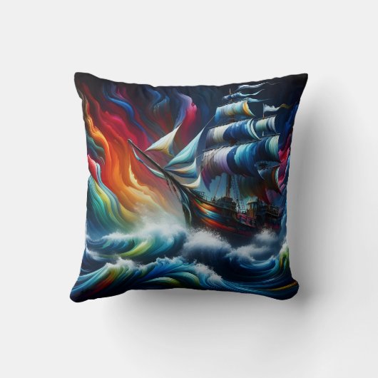 夕暮れ鮮やかで嵐の海を航行する海賊船 クッション (裏面)