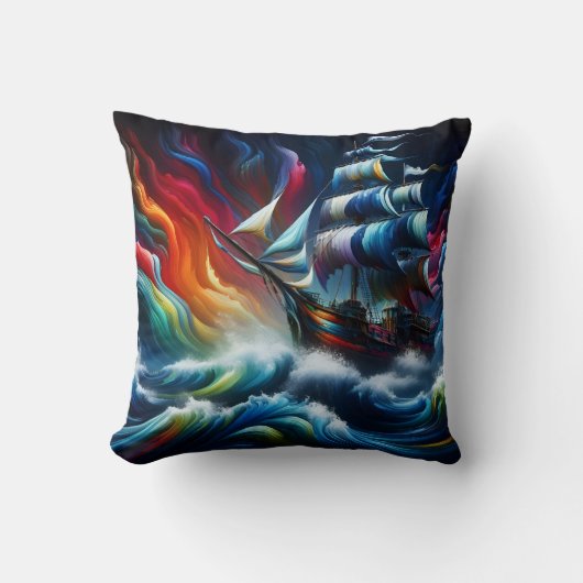 夕暮れ鮮やかで嵐の海を航行する海賊船 クッション (正面)
