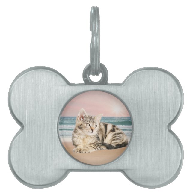 夕焼けでストライプのビーチに座る可愛い猫 ペットネームタグ (正面)
